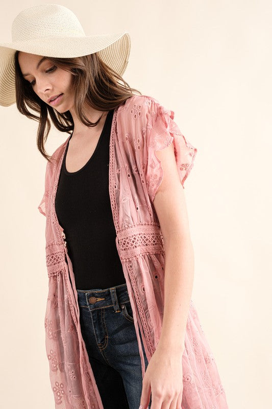 CHIFFON EMBROIDERY LACE KIMONO DUSTER CARDIGAN