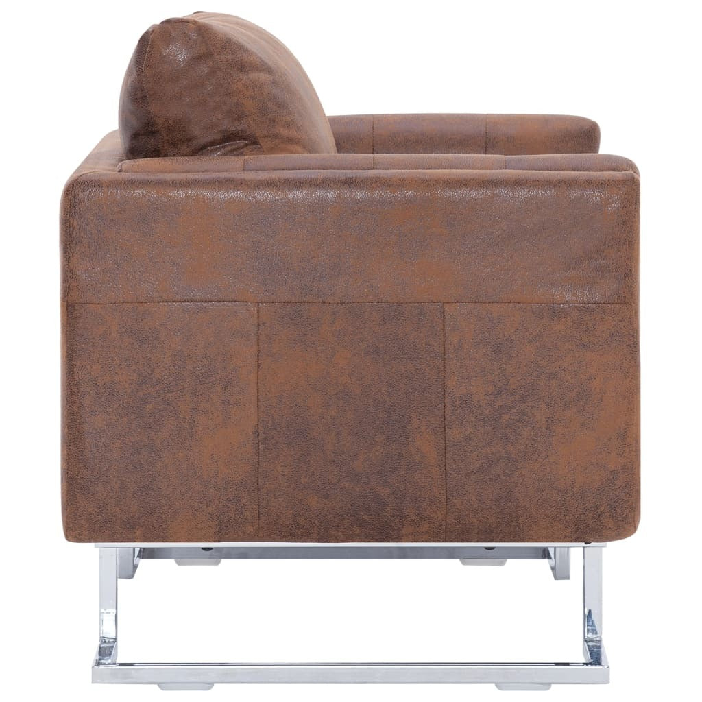 Cube Armchair Brown Faux Suede Leather-4