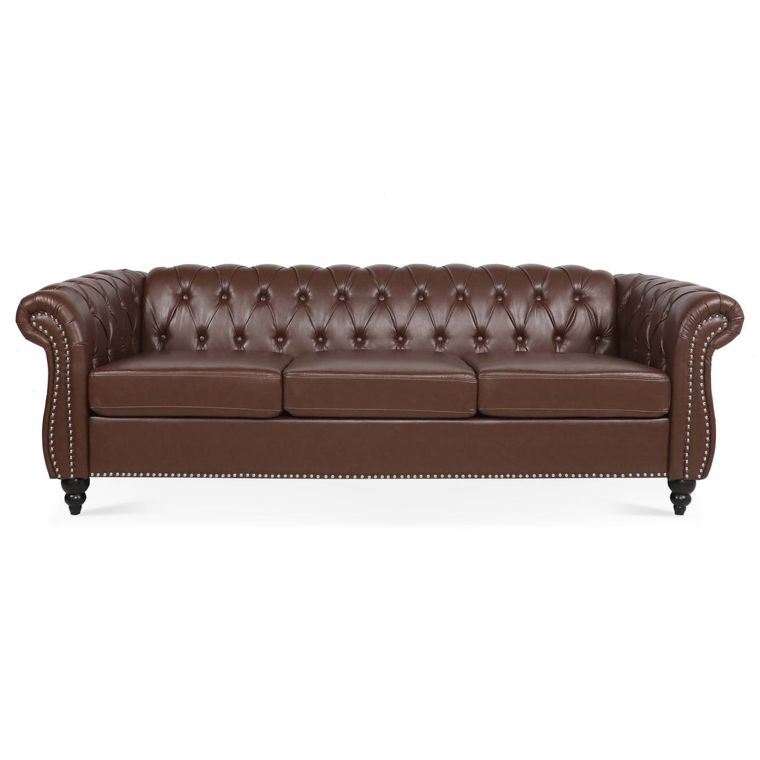 Dark Brown PU Rolled Arm Chesterfield 3 Seater Sofa-0