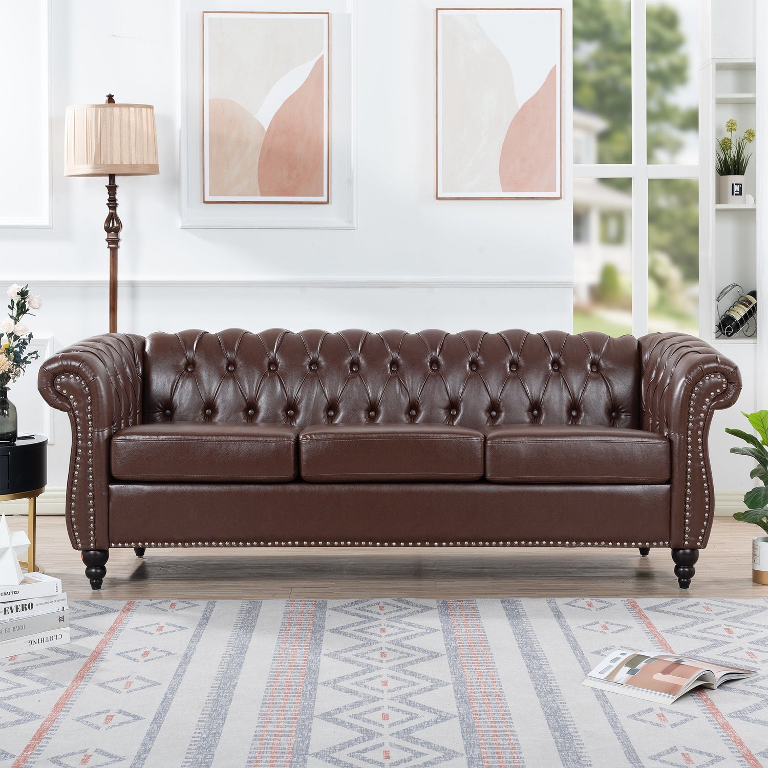 Dark Brown PU Rolled Arm Chesterfield 3 Seater Sofa-4