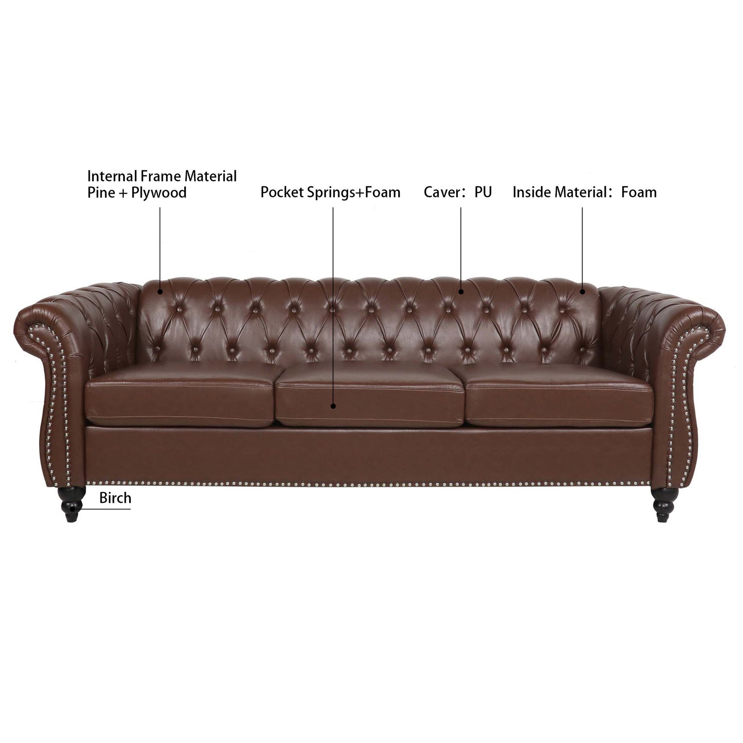 Dark Brown PU Rolled Arm Chesterfield 3 Seater Sofa-6