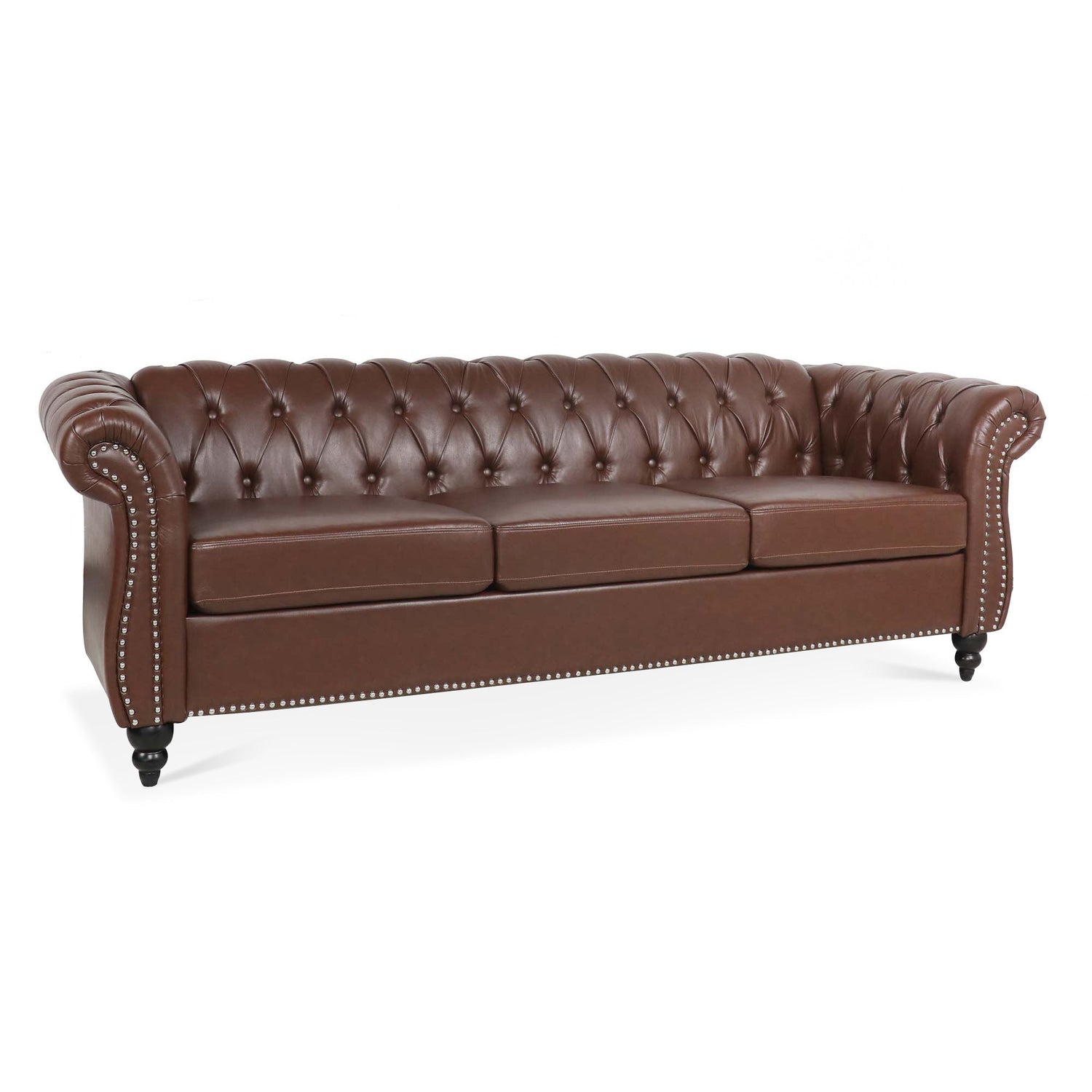 Dark Brown PU Rolled Arm Chesterfield 3 Seater Sofa-7