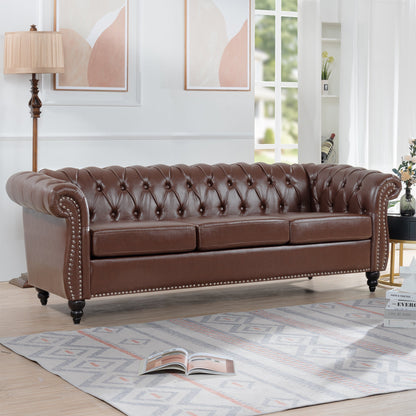 Dark Brown PU Rolled Arm Chesterfield 3 Seater Sofa-1