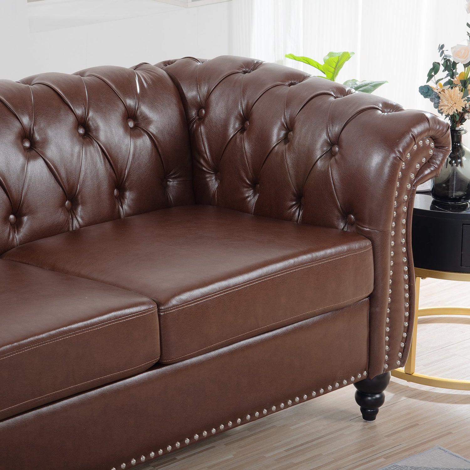 Dark Brown PU Rolled Arm Chesterfield 3 Seater Sofa-13