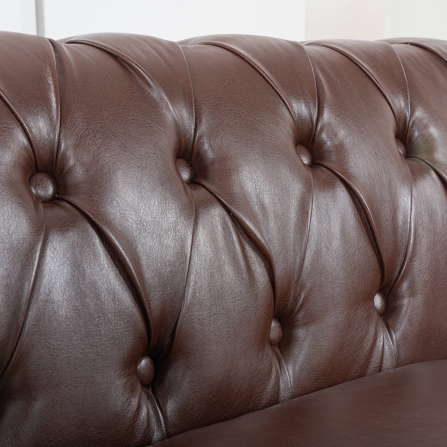 Dark Brown PU Rolled Arm Chesterfield 3 Seater Sofa-3