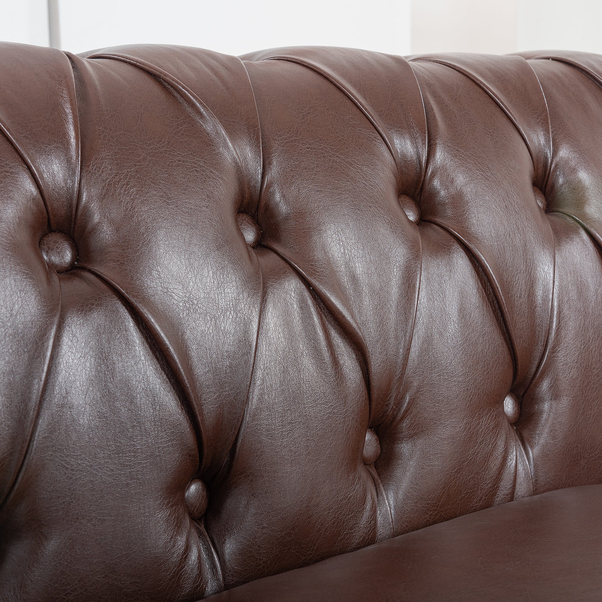 Dark Brown PU Rolled Arm Chesterfield 3 Seater Sofa-3