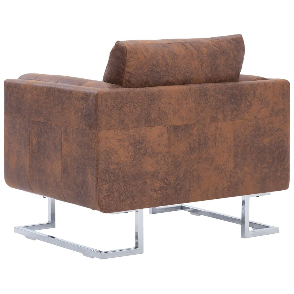 Cube Armchair Brown Faux Suede Leather-5