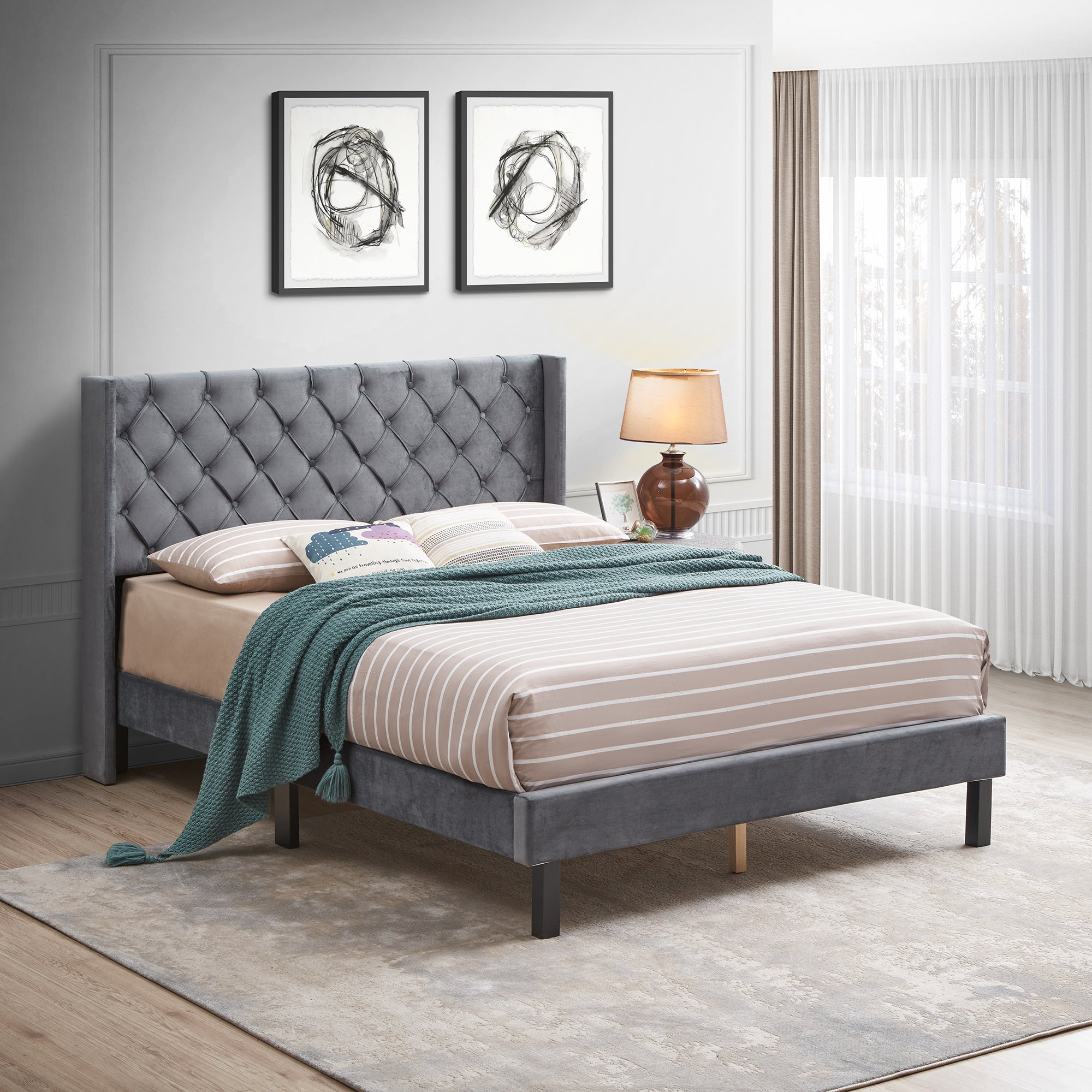 Upholstered Queen Bed with Wings Design-1