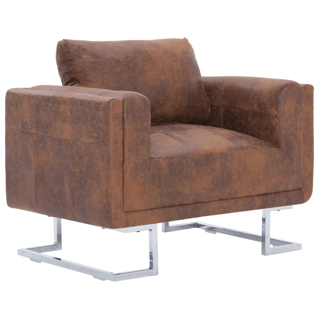 Cube Armchair Brown Faux Suede Leather-0