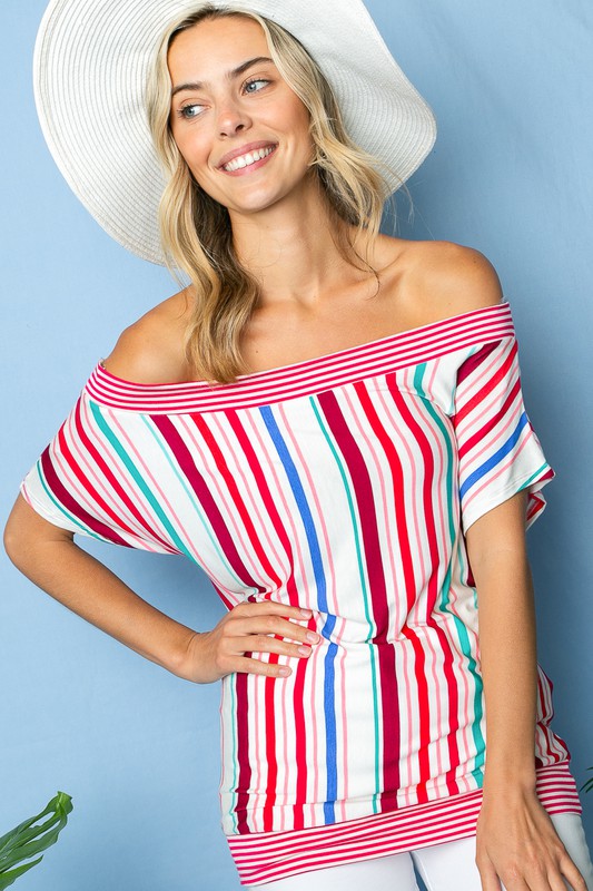 PLUS MULTI STRIPE OFF SHOULDER TOP