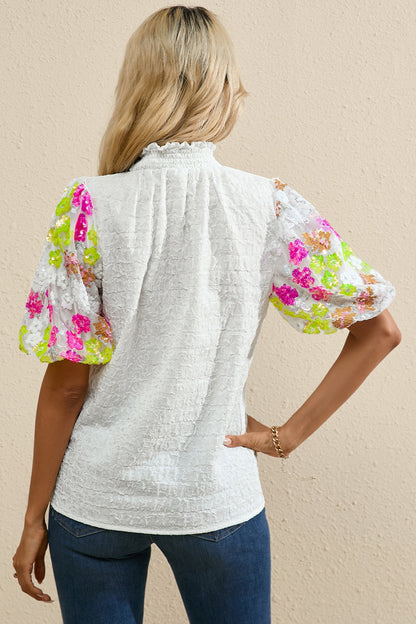 Sequin Flower Mock Neck Half Sleeve Blouse