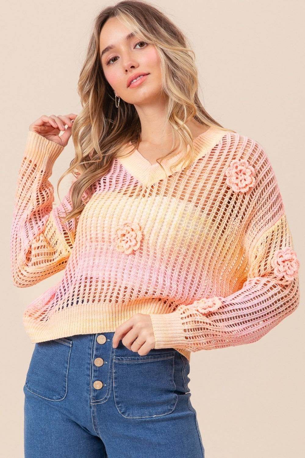 Ombre Crochet Flower Knit Top