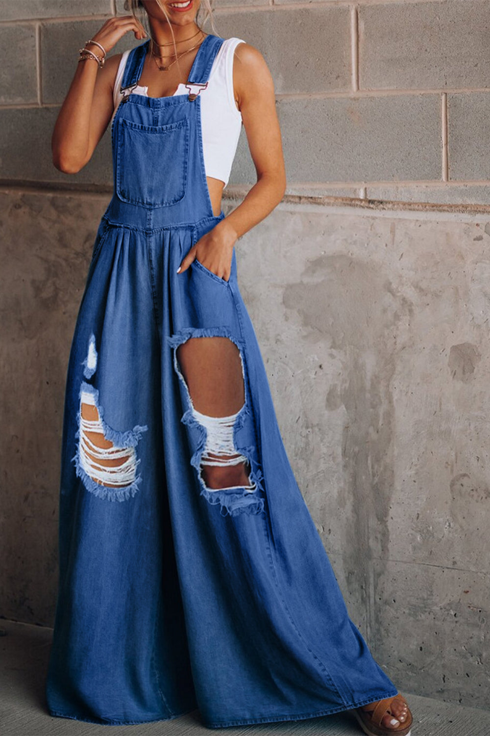 Distressed Wide Leg Denim Overalls