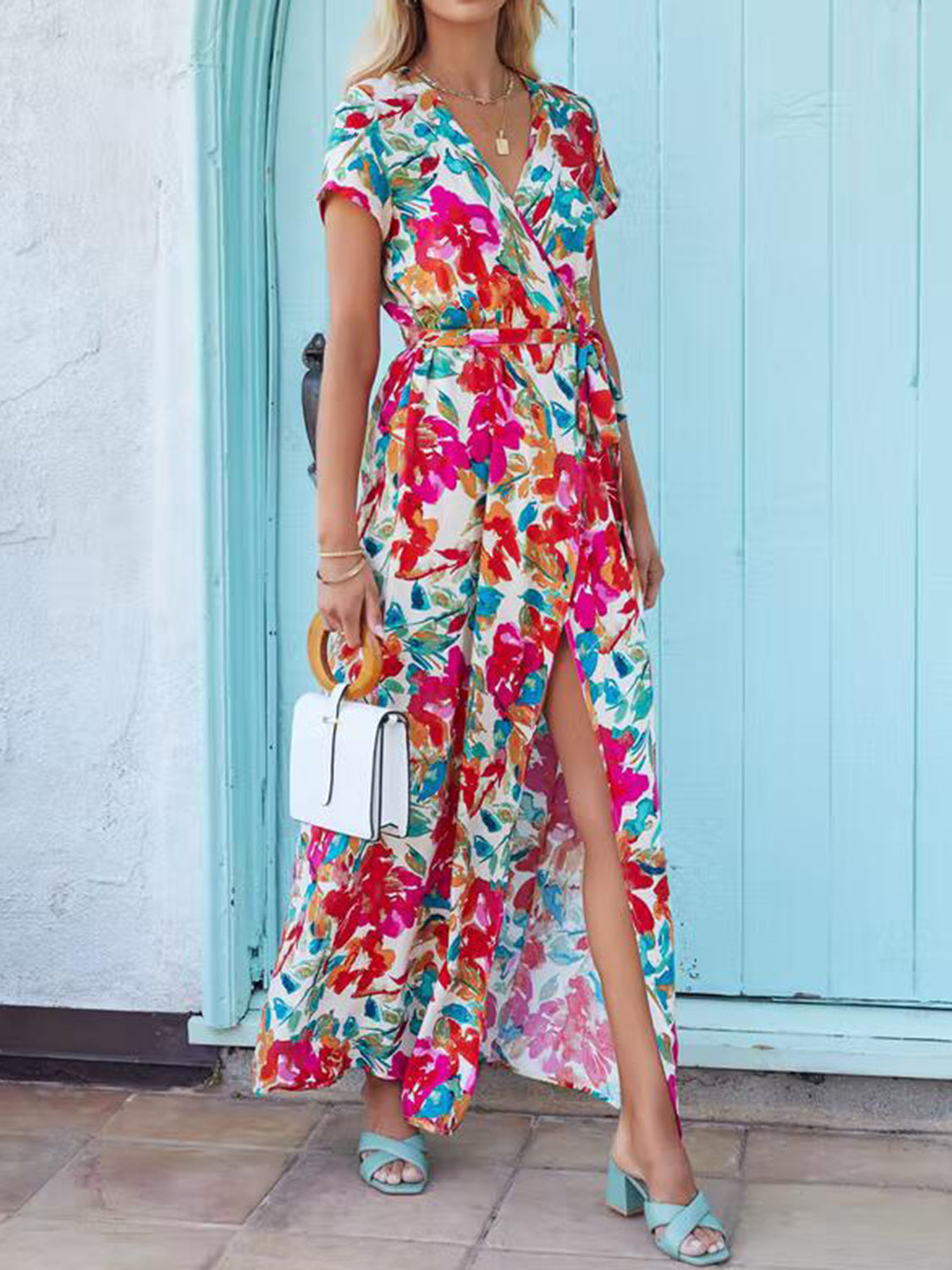 Tied Slit Floral Short Sleeve Dress