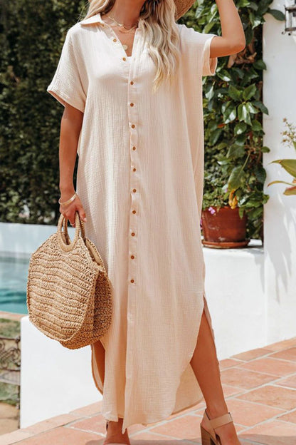 Slit Button Up Shirt Dress