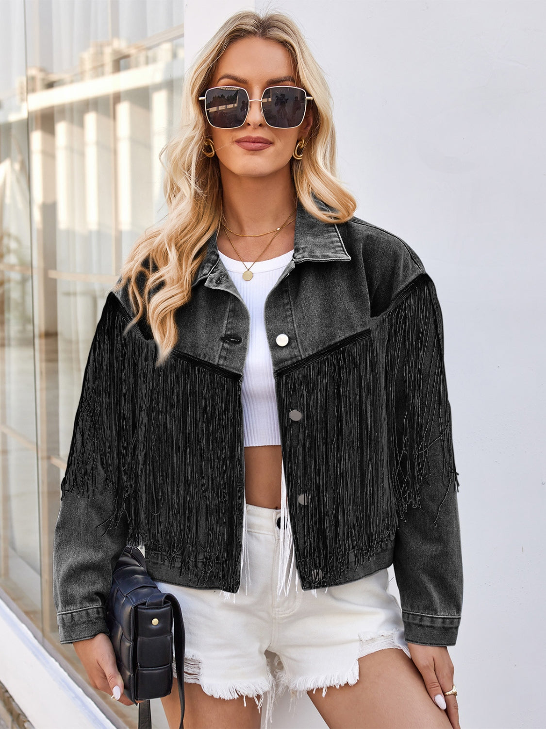 Tassel Button Up Dropped Shoulder Denim Jacket