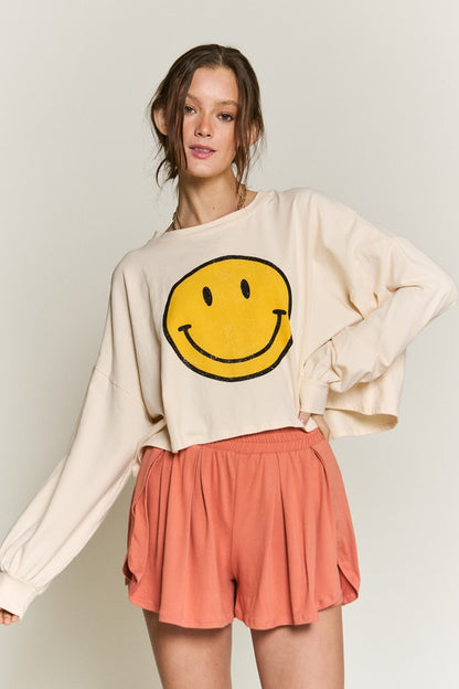 Smiley Face Long Sleeve Crop Top Plus