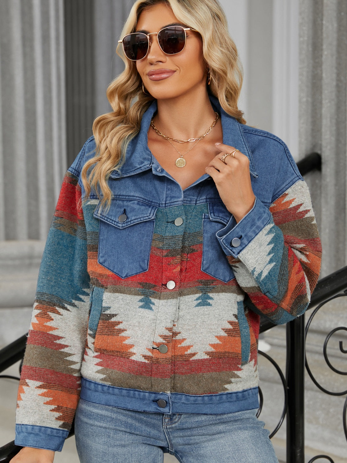 Geometric Button Up Long Sleeve Denim Jacket