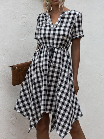 Plaid Notched Short Sleeve Dress