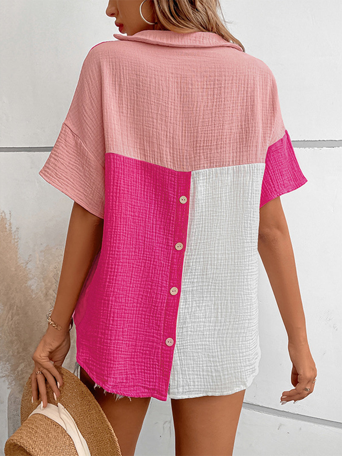 Color Block Johnny Collar Short Sleeve Blouse