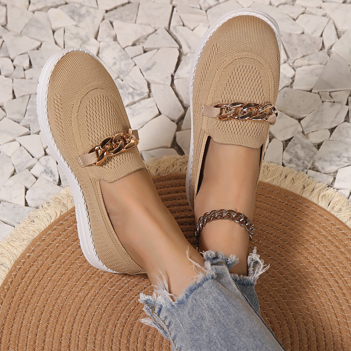 Chain Trim Round Toe Slip-Ons