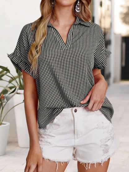 Plaid Notched Short Sleeve Blouse