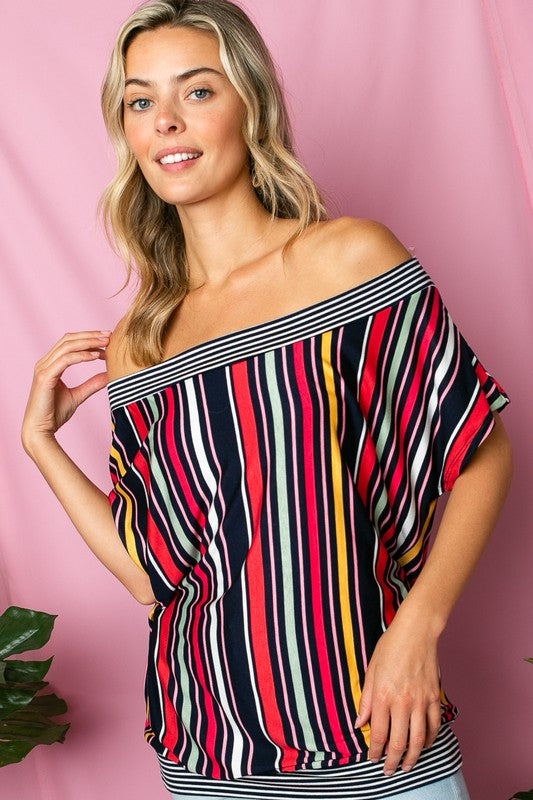 PLUS MULTI STRIPE OFF SHOULDER TOP