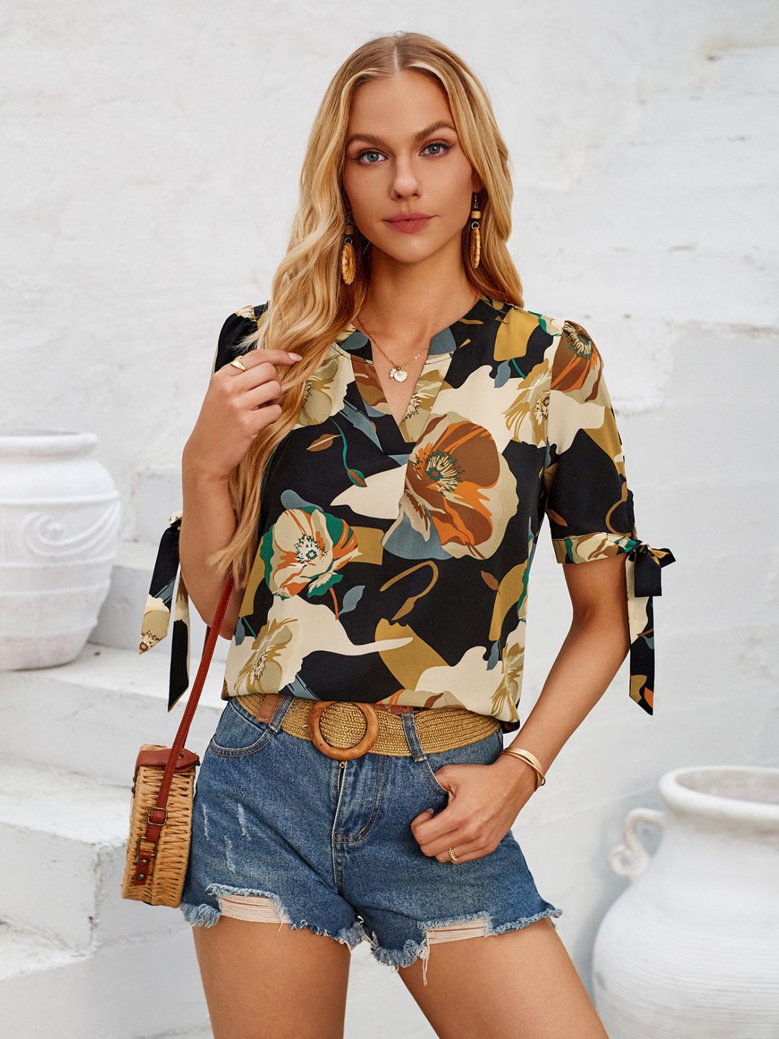 Tied Printed Notched Short Sleeve Blouse