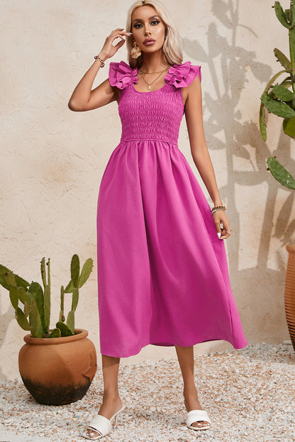 Smocked Ruffled Scoop Neck Midi Dress