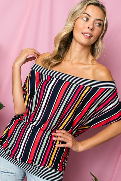 PLUS MULTI STRIPE OFF SHOULDER TOP