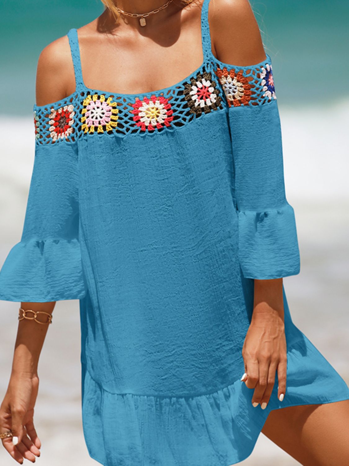 Crochet Cold Shoulder Three-Quarter Sleeve Cover Up