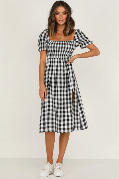 Full Size Slit Plaid Short Sleeve Midi Dress