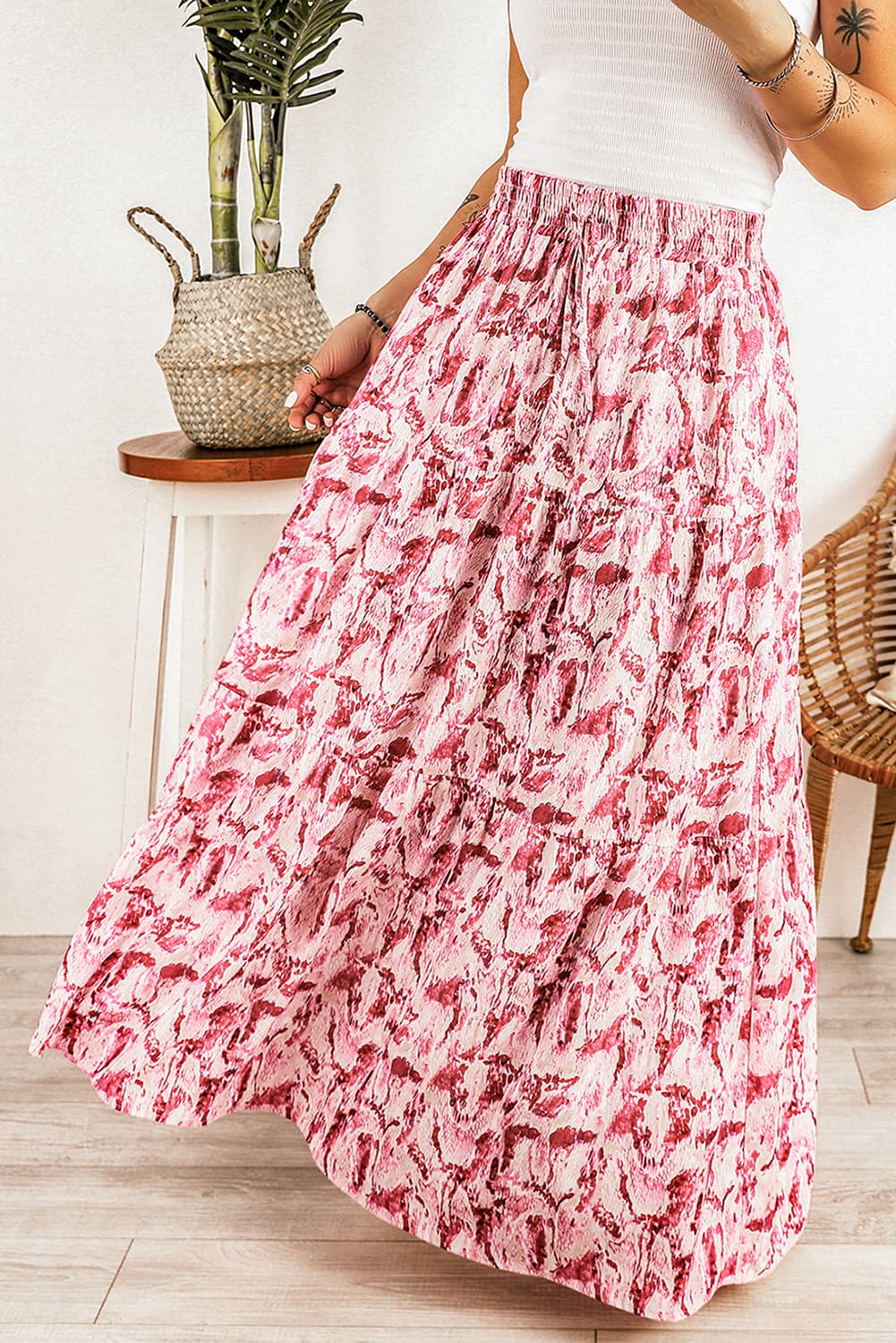 Printed Smocked Waist Maxi Skirt