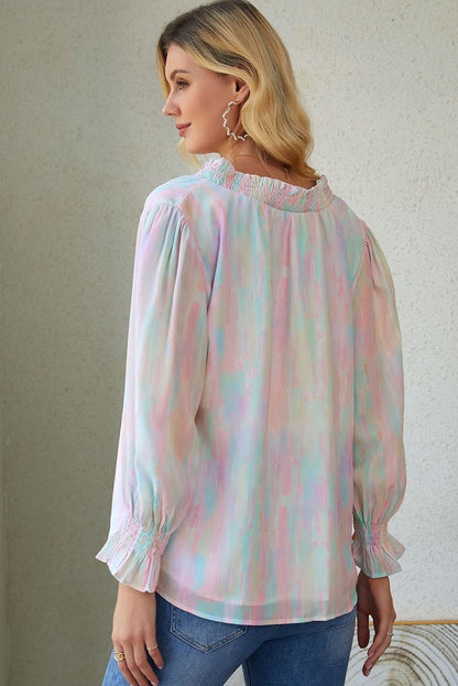 Notched Neck Flounce Sleeve Blouse