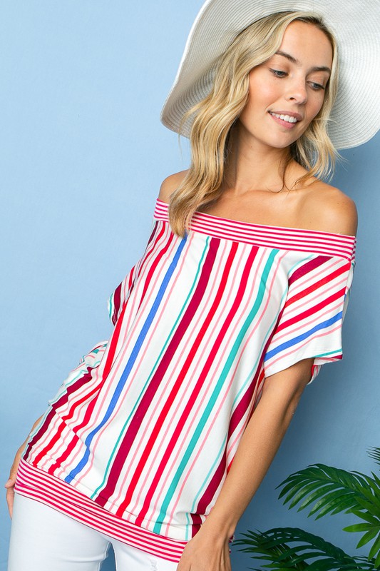 PLUS MULTI STRIPE OFF SHOULDER TOP