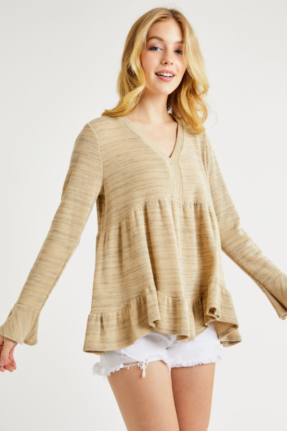 Hailey &amp; Co V-Neck Flounce Sleeve Knit Top