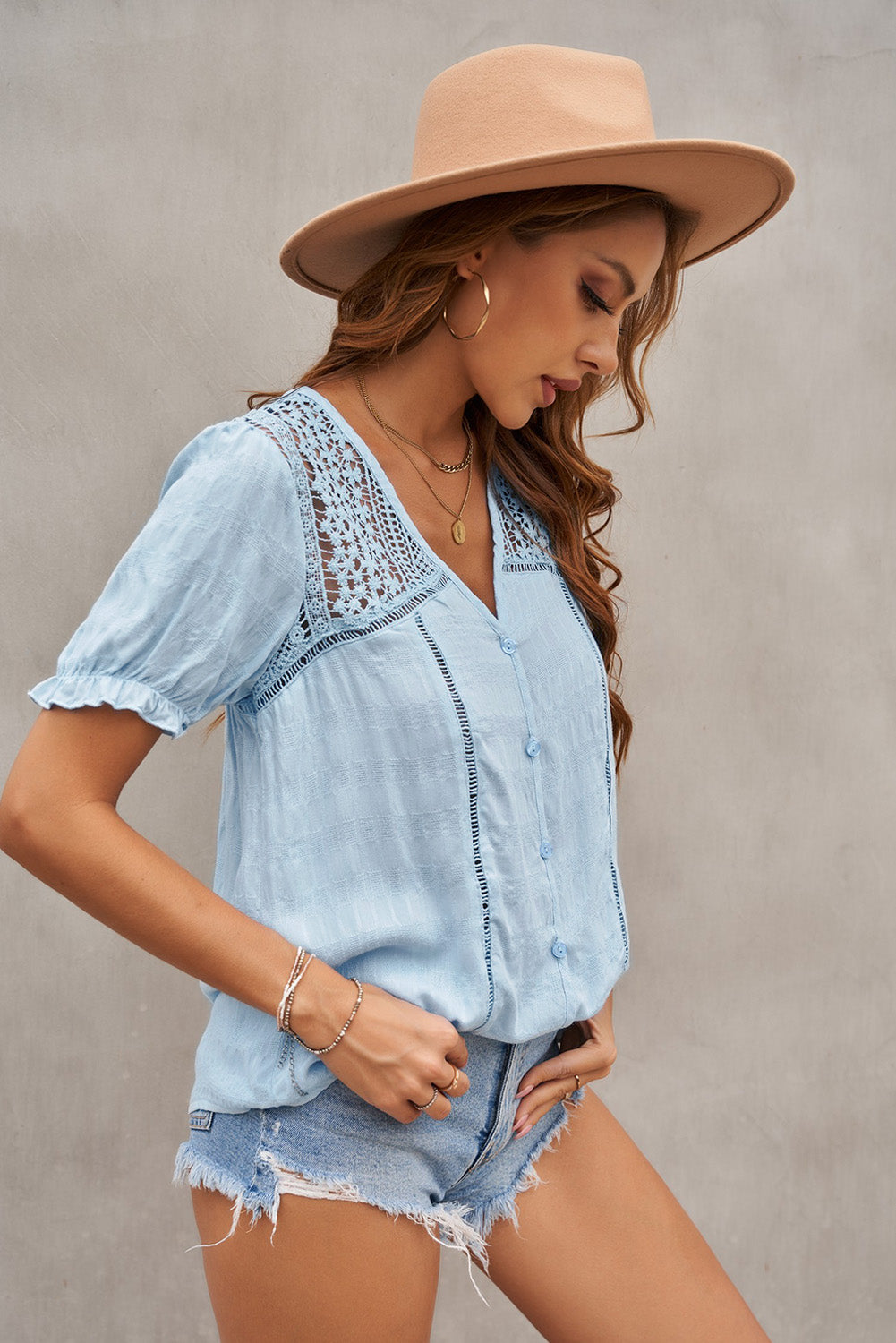 Lace Detail Button Up Short Sleeve Shirt