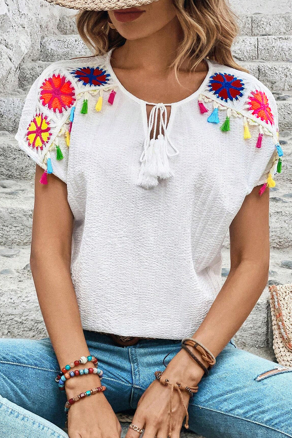 Tassel Tie Neck Short Sleeve Blouse