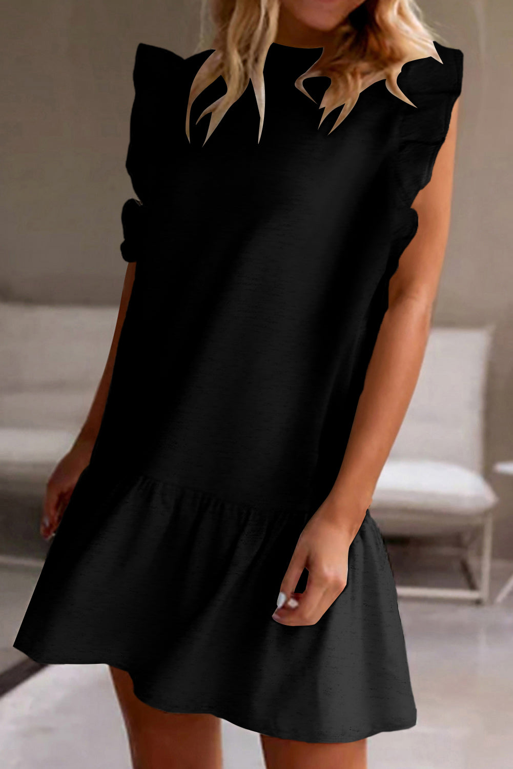 Ruffled Round Neck Cap Sleeve Mini Dress