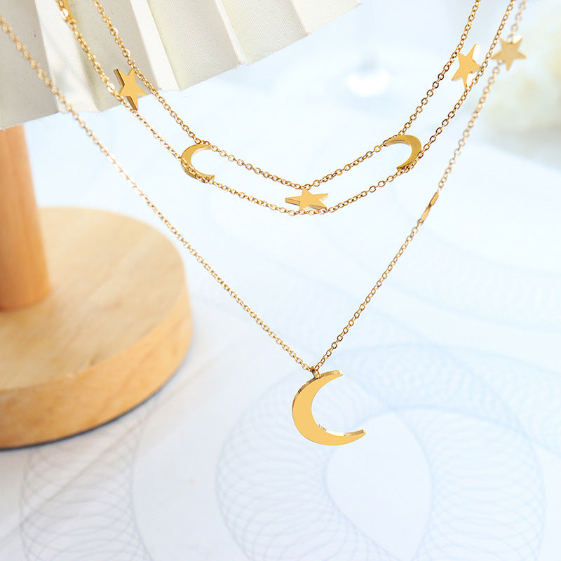 Star &amp; Moon Titanium Steel Layered Necklace