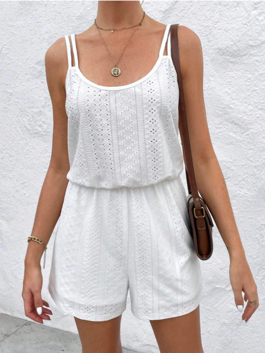 Eyelet Scoop Neck Double Spaghetti Straps Romper