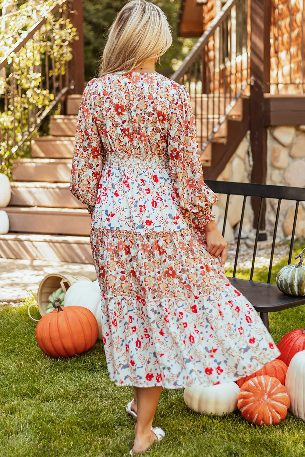 Full Size Printed V-Neck Lantern Sleeve Midi Dress