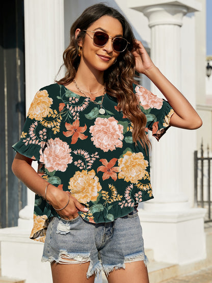 Double Take Floral Ruffled Short Sleeve Blouse