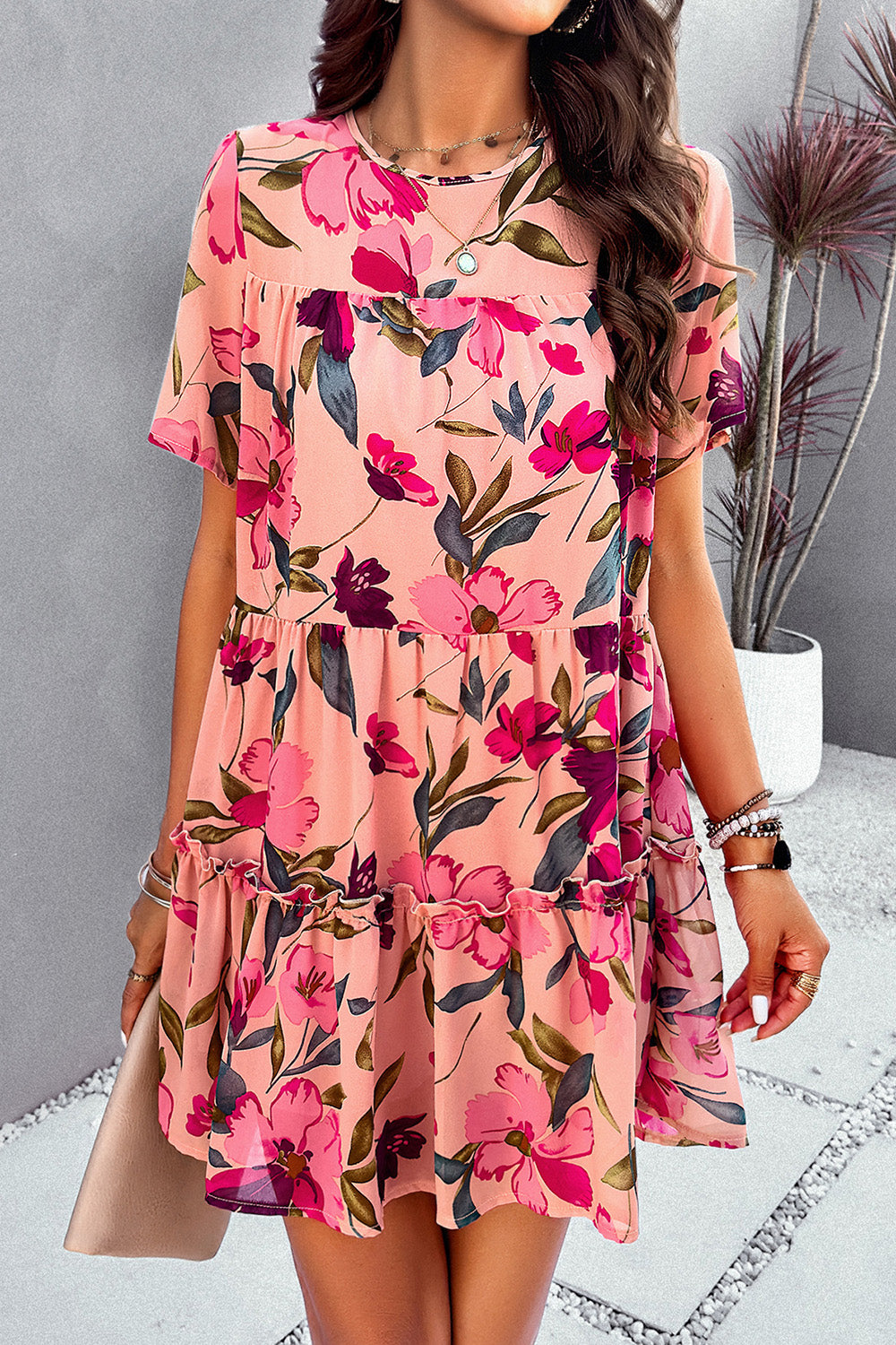 Printed Tiered Round Neck Mini Dress