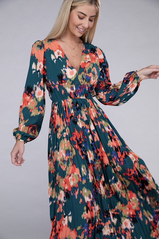 Floral Satin Pleated Maxi Dress