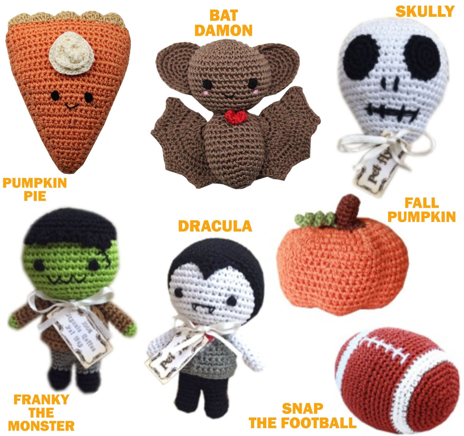 Knit Knacks Organic Cotton Pet&amp; Dog Toys, &quot;Fall Group&quot; (Options: Football, Dracula, Bat Damon, Skully, Franky Monster, Pumpkin, Pumpkin Pie)-1