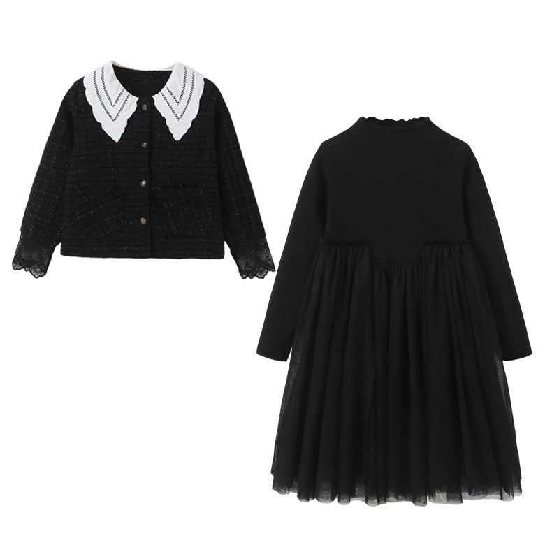 Girls Single Breasted Cardigan Tops Black Dress Sets-1