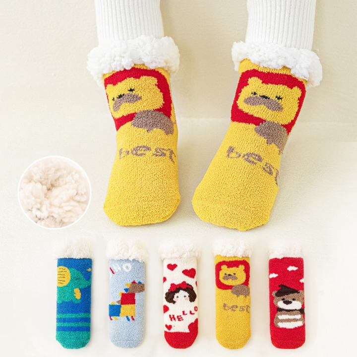 Baby Cartoon Pattern Thickened Lambswool Coral Fleece Socks-0