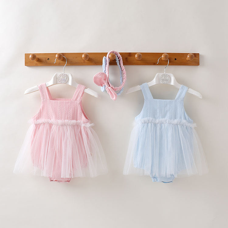 Baby Girl Solid Color Mesh Patchwork Design Sleeveless Dress With Headband-0