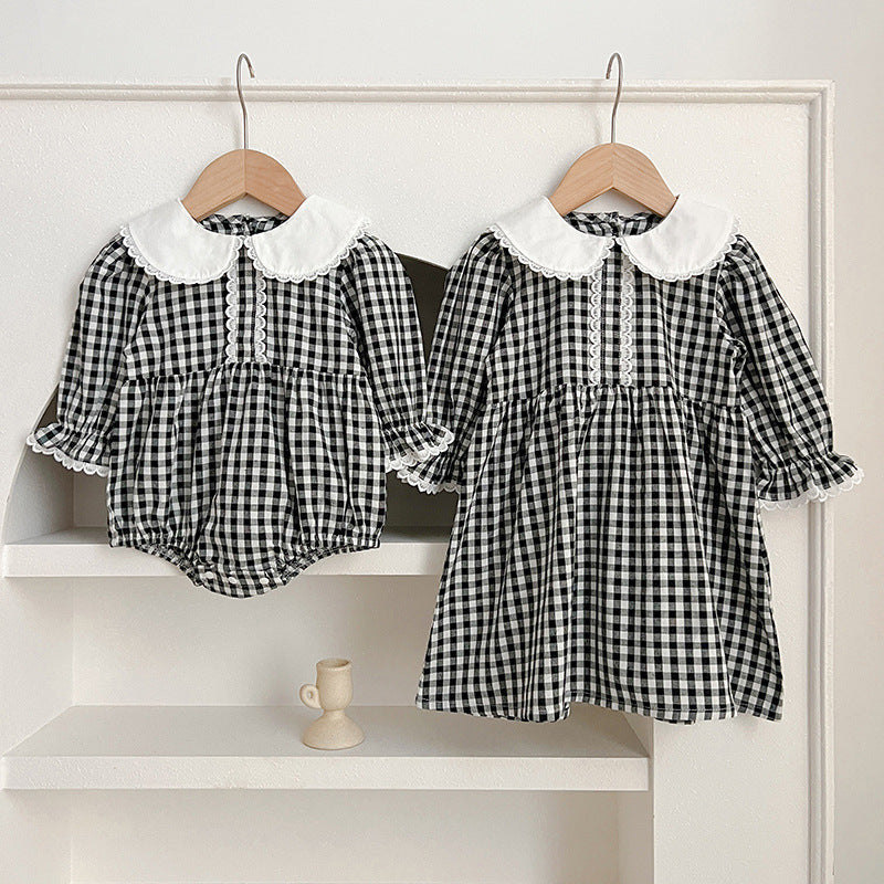 New Spring/Autumn Baby Black Plaid Onesies And Dress For Girls With Long Sleeves – Family Sister Matching Set-0